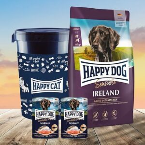 Happy Dog Irland Premium Hundefutter 12,5 kg + Gratis Futtertonne inklusive Deckel sowie 2 x 400 g Dosen Seefisch Pur. EIN tolles Gefühl seinem Hund was Gutes zu tun.