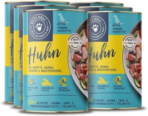 Hundefutter nass 4,8 kg – 6er-Pack | Huhn mit Karotte, Quinoa, Zucchini und Nachtkerzenöl