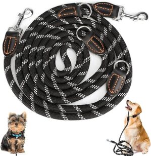 Hundeleine für große und mittelgroße Hunde – Verstellbare Doppelleine aus Nylon mit 2 Karabinerhaken und 3 Ringen – 3m x 15mm – Schwarze