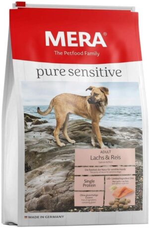 MERA pure sensitive Lachs & Reis, Hundefutter trocken für sensible Hunde, Trockenfutter aus Lachs und Reis, Futter für ausgewachsenen Hund, ohne Weizen und Zucker (1 kg)