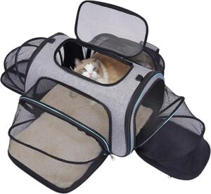 Erweiterbare Transporttasche Katze, Welpen, Öffnung an 4 Seiten, erweiterbar, Flugzeug-genehmigt, reisefreundlich, faltbar, weiches Fleece-Bett für Haustiere, Transportbox,...