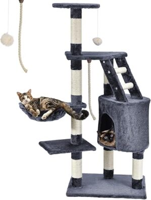 Juskys Kratzbaum Buffy 118 cm hoch mit Sisal Stämmen, Höhle, Liegemulde, Liegeflächen & Leiter - Katzenbaum Katzenkratzbaum Katzen - grau