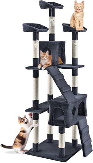 Juskys XXL Kratzbaum Amy - Katzenbaum mit Höhlen, Liegeflächen, Leitern & Sisal-Stämmen - Stabiler Kletterbaum für Katzen 170 cm hoch - Grau