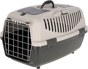 Kerbl Transportbox Gulliver (Box für Katzen/Kleintiere, mit Metalltür + Vorrichtung für Autosicherheitsgurt, Farbe hellgrau/dunkelgrau)