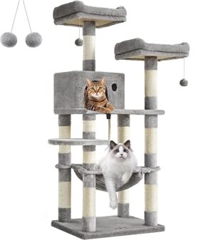 Kratzbaum groß, Plüsch 143 cm hoch Stabiler Katzenbaum Kletterbaum, mit Hängemattenbett, 2 Plattformen, 1 Höhlen, große Kratzbrett, Plüschbälle, mehrstöckiger Katzenkratzbaum...