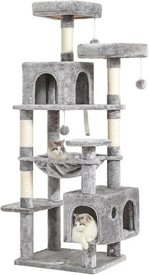 MSmask Kratzbaum groß, L Katzenbaum Stabil 160 cm, Katzenkratzbaum mit 2 Plattformen, 2 Katzenhöhle, 1 Hängematte, Sisalpfosten, mehrstöckiges Kletterbaum für Katzen, Hellgrau
