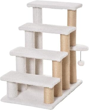 PawHut Haustiertreppe Katzentreppe mit Kratzbaum Ball 4-stufige Hundetreppe Tiertreppe Spanplatte Plüsch Jute (Weiß, 60L x 40B x 64H cm, 4)
