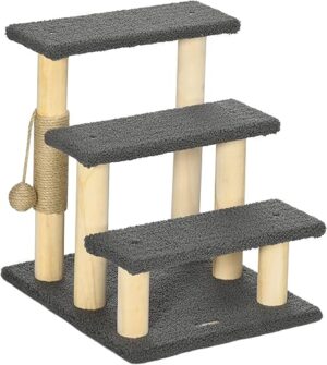 PawHut Katzentreppe 3-stufige Tiertreppe, 48 cm Haustiertreppe mit Sisalsäule, Hundetreppe mit Spielball, Einstieghilfe für hohe Betten, Kiefernholz, Grau+Natur