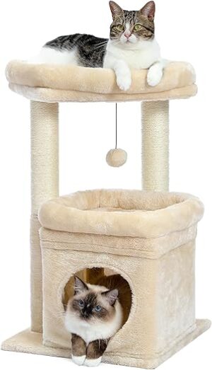 PAWZ Road Kleiner Katzenbaum, mehrstöckiger Katzenturm mit Sisal-überzogenem Kratzbaum, gemütlicher Katzenwohnung und großer Katzensitzstange für Hauskatzen, Beige