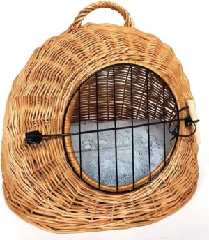 Tigana - Korbhöhle Transportkorb Transporthöhle Katzenhöhle aus Weide 50 cm Natur (+ Kissen in Grau)