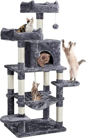 Yaheetech Kratzbaum 150 cm Katzenkratzbaum mit 2 Kuscheligen Aussichtsplattformen Sisal Katzenmöbel Kletterbaum für große Katzen, Dunkelgrau