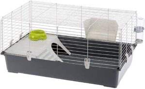FERPLAST Nagetierkäfig Rabbit 100 für Kaninchen, Meerschweinchen, Meerschweinchen, aus Metall, inklusive Zubehör: Futterkrippe, Trinkflasche, Haus, Schüssel. 95x57xh46cm